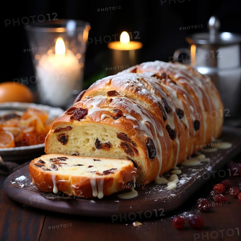 Christmas stollen in a festive setting, AI generated