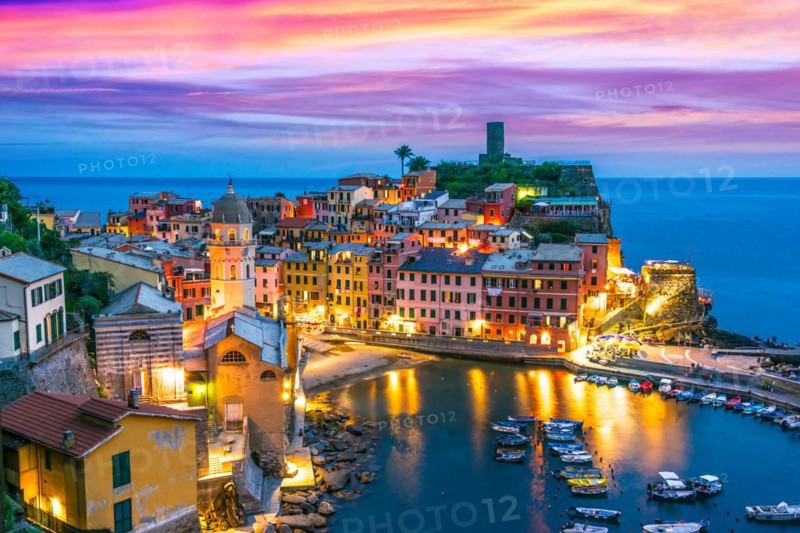 Picturesque town of Vernazza, in the province of La Spezia, Liguria, Italy after sunset