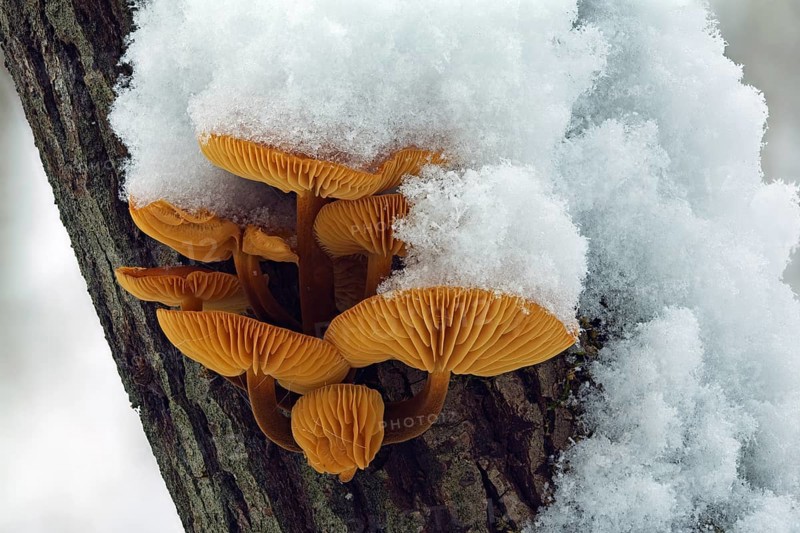 Mushroom, Snow, Winter, Mushroom group, Tree trunk, Tree mushroom