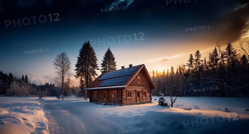 Solar battery on the roof of a village house in winter in nature. autonomous power supply at home, AI generated