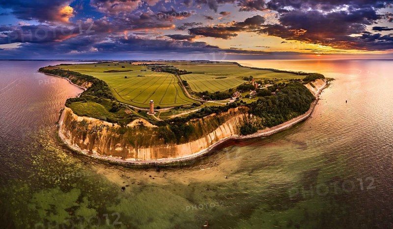 Drone view of lighthouses in sunset from northern part of island of Ruegen, called Kap Arkona