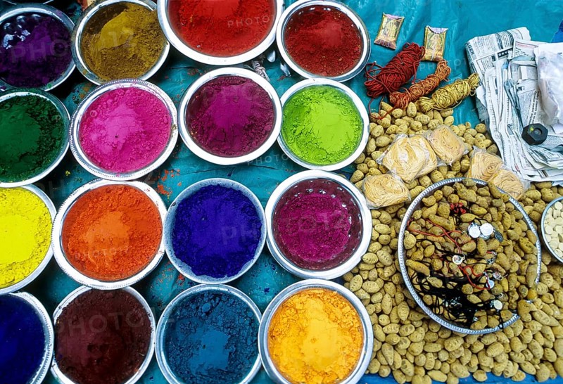Color powder and Pooja things for sale in Chidambaram, Tamil Nadu, South India, India, Asia