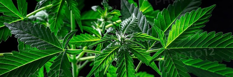 Cannabis plants in bloom on a black background panorama. Growing marijuana for medicinal purposes