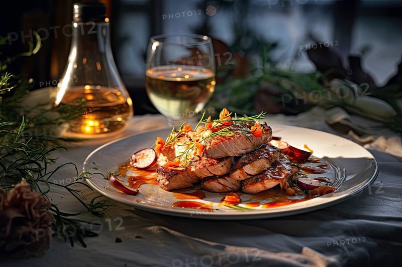 Grilled meat served on a plate with delicious decoration, KI generated, AI generated