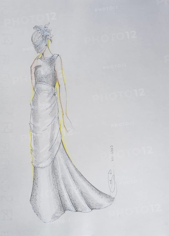 Fashion sketch, fashion design, women's fashion, haute couture, fashion collection, wedding dresses, pencil drawing, watercolour pastel, watercolour, pastel, on paper, elegant, feminine, slim