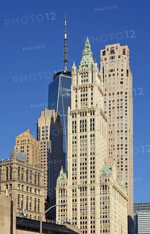 Skyscrapers Woolworth Building, Four Seasons Hotel, One World Trade Centre, Manhattan, Brooklyn, New York City, New York, USA, North America