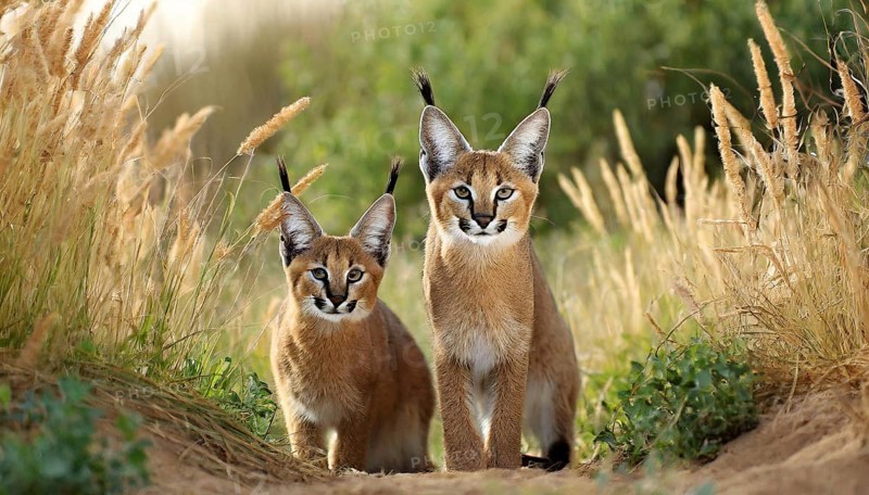 AI generated, animal, animals, mammal, mammals, biotope, habitat, two, female, juvenile, foraging, wildlife, Africa, South Africa, Asia, Central Asia, steppes, cat, cats, predator, caracal, desert lynx, caracal caracal), resting, Africa
