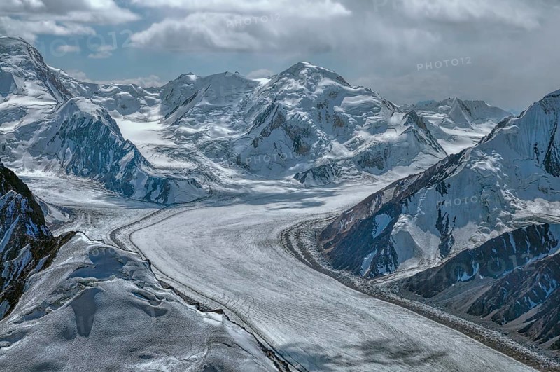 Scenic view of Fedchenko Glacier in Pamir mountains in Tajikistan