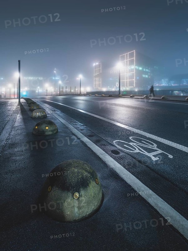 Empty street with Berlin main station in the fog, night, Berlin, Germany, Europe