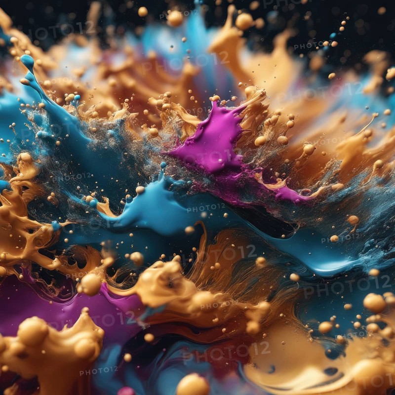 Dynamic splash of gold, blue, and purple paint creating a vibrant abstract pattern against a dark background, AI generated