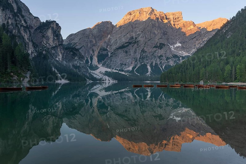 Lake Braies at sunrise, Lake Braies, Dolomites, Alto Adige, Italy, Europe