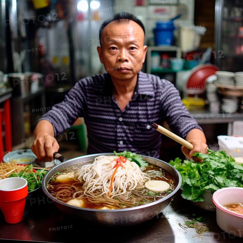 A Vietnamese cook sits in his street kitchen and offers Phó, a Vietnamese noodle soup with beef, chilli and basil, KI generates, AI generated