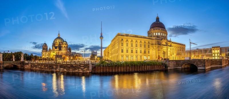 Panorama of the Berlin Cathedral, the TV Tower and the rebuilt City Palace at dawn