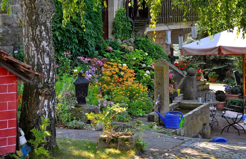 Perennial garden, garden fountain in the garden