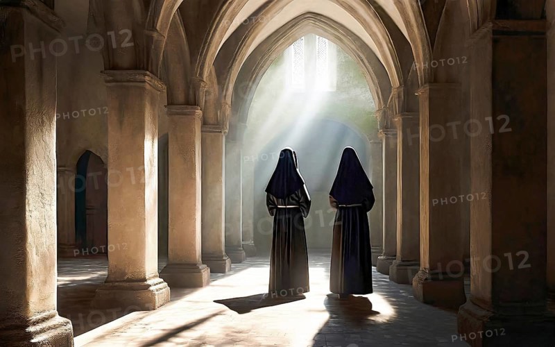 Two Catholic nuns stand devoutly in the archway of a convent, KI generated, AI generated
