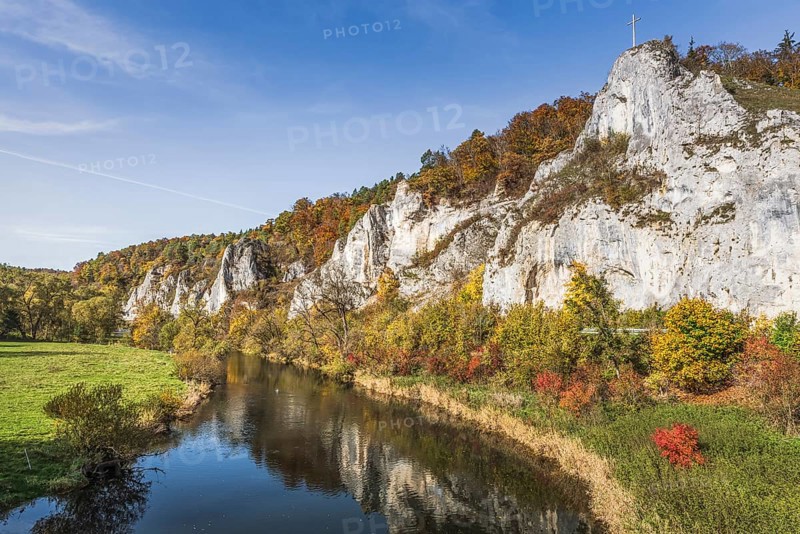 Danube with cross rocks in the autumnal Upper Danube Valley, Gutenstein, Upper Danube nature park Park, Swabian Alb, Baden-Württemberg, Germany, Europe