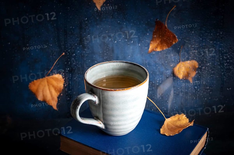 Cozy autumn still life with tea and books, with falling leaves and rain behind the window