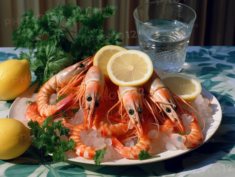 Fresh prawns, served on a plate with lemon and dill, glass of water, KI generated, AI generated