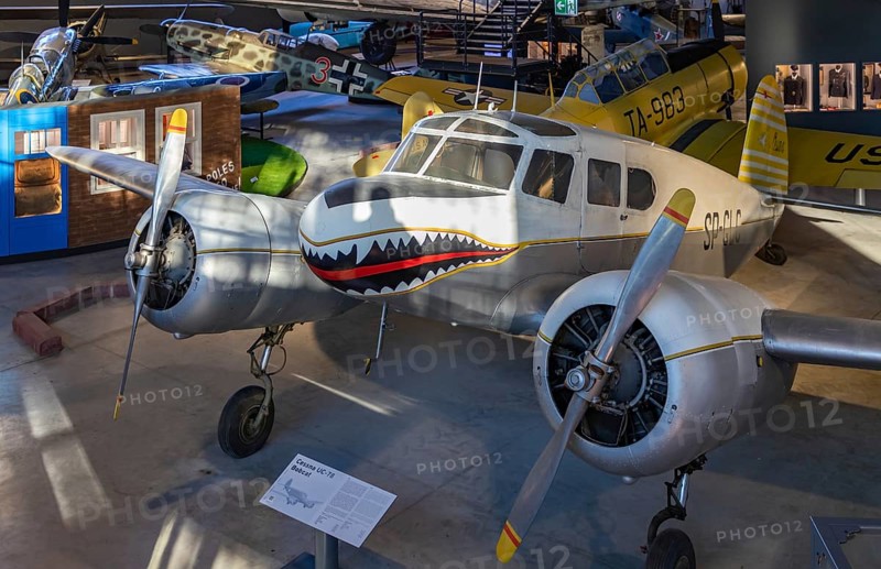 A picture of the Cessna UC-78A Bobcat inside the main hangar of the Polish Aviation Museum