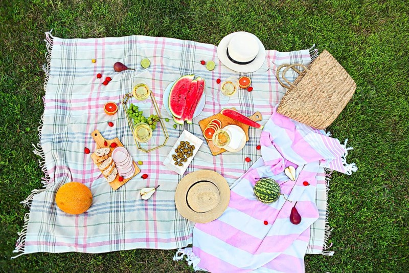 Picnic background with white wine on green grass