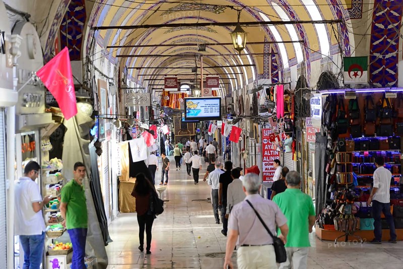 Grand Bazaar, Istanbul, Turkey, Asia, Long corridor of the covered market with numerous shops on both sides and many shoppers, Istanbul province, Asia