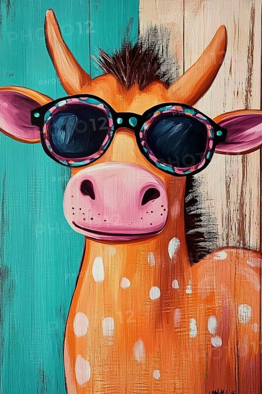A cartoon cow wearing sunglasses with a colorful wooden background, AI generated