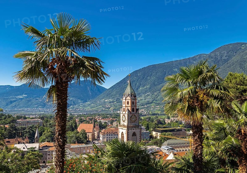 Church of St Nicholas with a view over Merano, South Tyrol