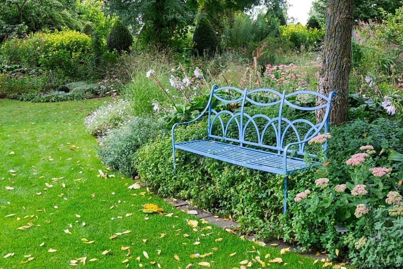 Blue bench in the district educational garden, Burgsteinfurt, Münsterland, North Rhine-Westphalia, Germany, Europe