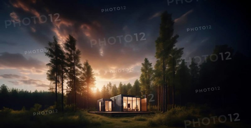 Modular container house with glazing in the forest, secluded compact house, AI generated