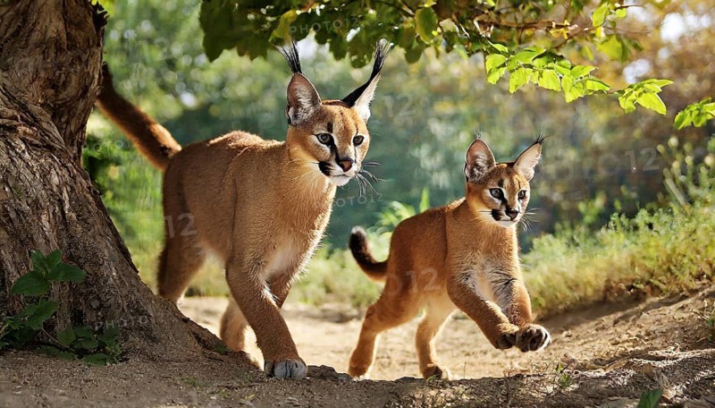 AI generated, animal, animals, mammal, mammals, biotope, habitat, two, female, juvenile, foraging, wildlife, Africa, South Africa, Asia, Central Asia, steppes, cat, cats, predator, caracal, desert lynx, caracal caracal), rests, hunts. jumps, Africa