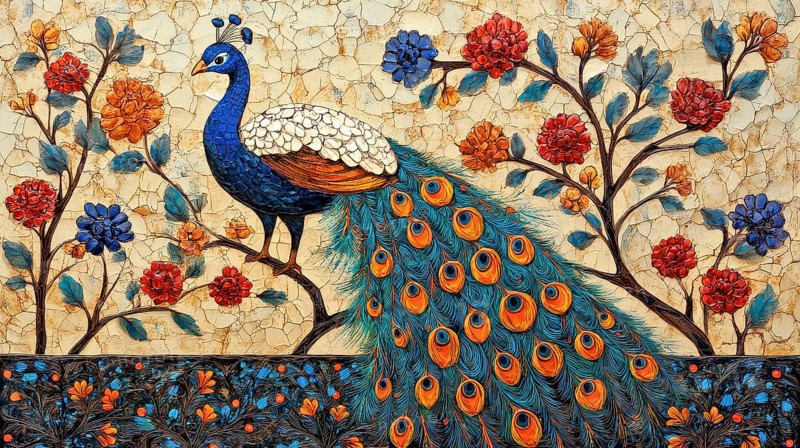 A peacock perched on a branch surrounded by flowers with a vibrant and detailed display of feathers, AI generated