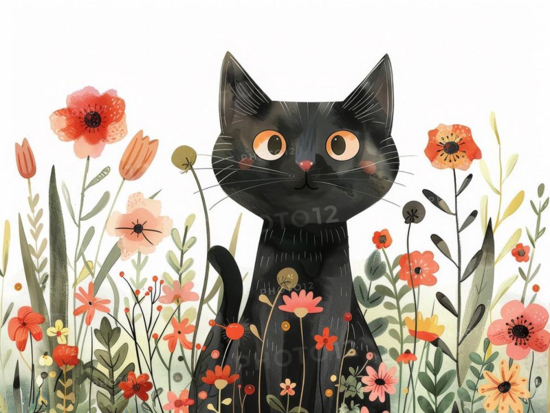 Cheerful and bright illustration of a black cat with detailed orange eyes and surrounding flowers, ai generated, AI generated