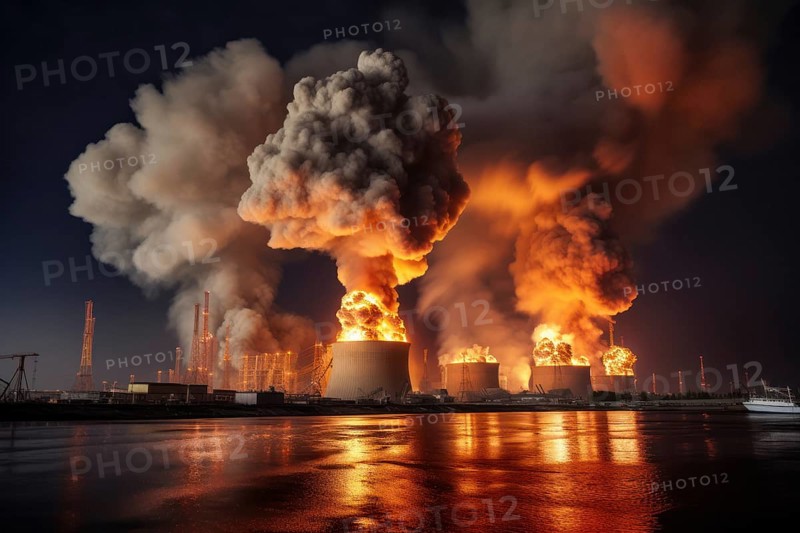 Super GAU, fire catastrophe in a nuclear power plant, rainy clouds of smoke, sea of flames, nuclear power plant, AI generated