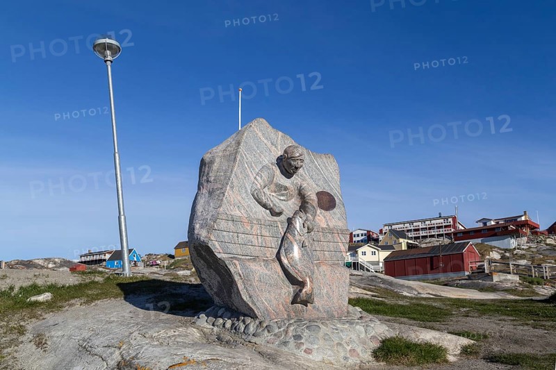 Ilulissat, Greenland, June 30, 2018: Monument commemorating long line fishing and halibut, North America