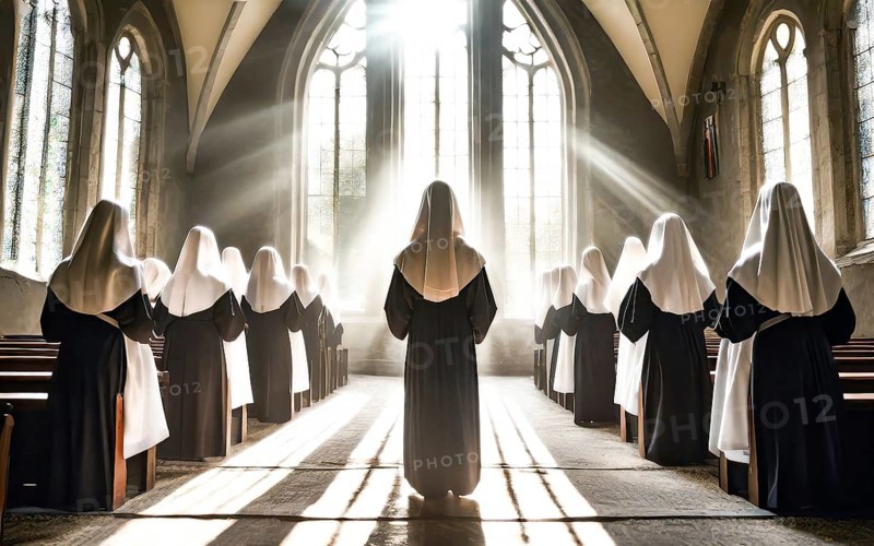 Catholic nuns at morning devotions in a chapel flooded with light, KI generated, AI generated