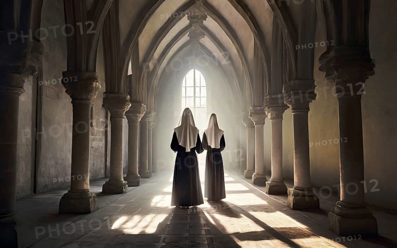 Two Catholic nuns stand devoutly in the archway of a convent, KI generated, AI generated