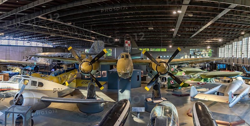 A panorama picture of the main hangar of the Polish Aviation Museum, focused on the Tupolev Tu-2S