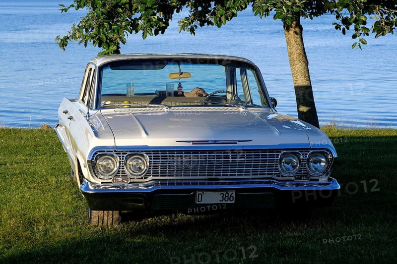 American classic car, Chevrolet Bel Air from 1963, behind the lake Glafsfjorden, Arvika, Värmland, Sweden, Europe