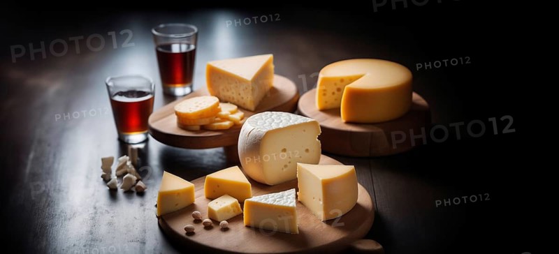 Sliced porous cheese on the table, cheese products, AI generated
