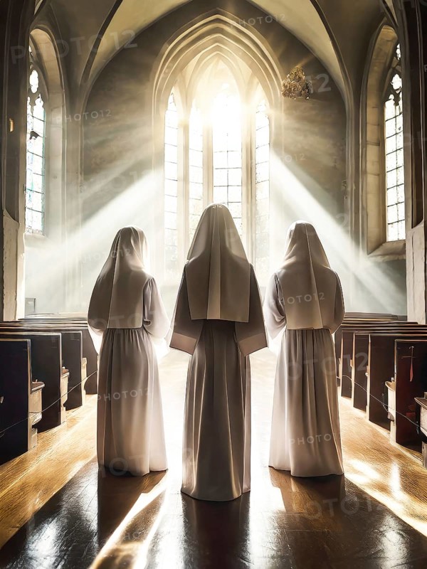 Three Catholic nuns at morning devotions in a chapel flooded with light, KI generated, AI generated