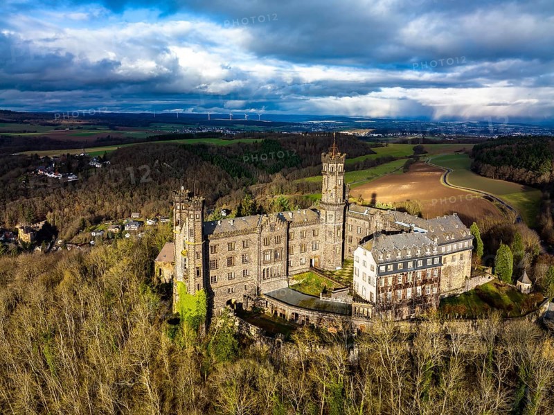 Aerial view, Schaumburg Castle, Balduinstein, Limburg an der Lahn region, Westerwald, Rhineland-Palatinate, Germany, Europe