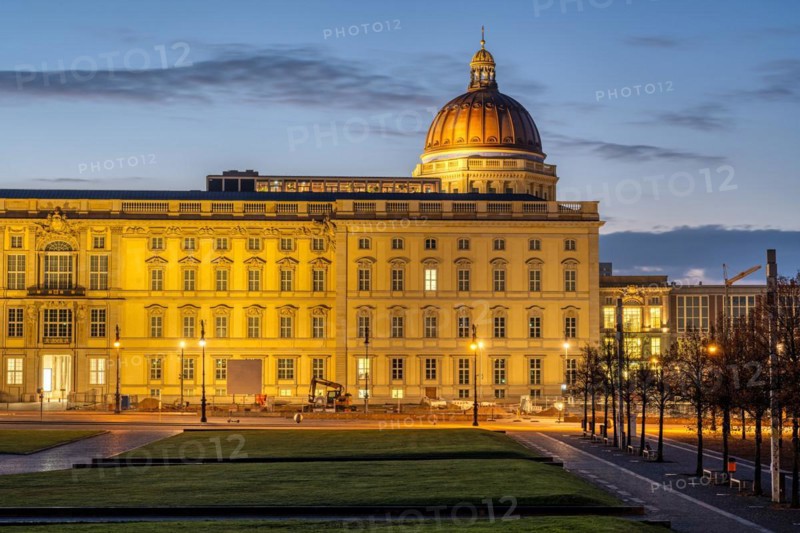 The imposing reconstructed city palace in the heart of Berlin at sunrise