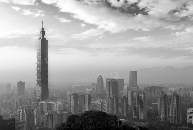 Taipei, Taiwan, January 5, 2015: Black and white view of Taipei city skyline during sunset, Asia