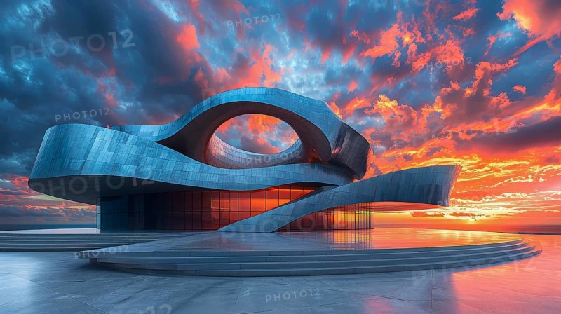 Modern building with metallic spiral design set against a dramatic sunset sky, AI generated