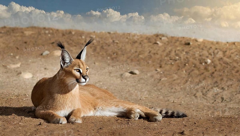 AI generated, animal, animals, mammal, mammals, biotope, habitat, a, individual, foraging, wildlife, Africa, South Africa, Asia, Central Asia, steppes, cat, cats, predator, caracal, desert lynx, caracal caracal), resting, Africa