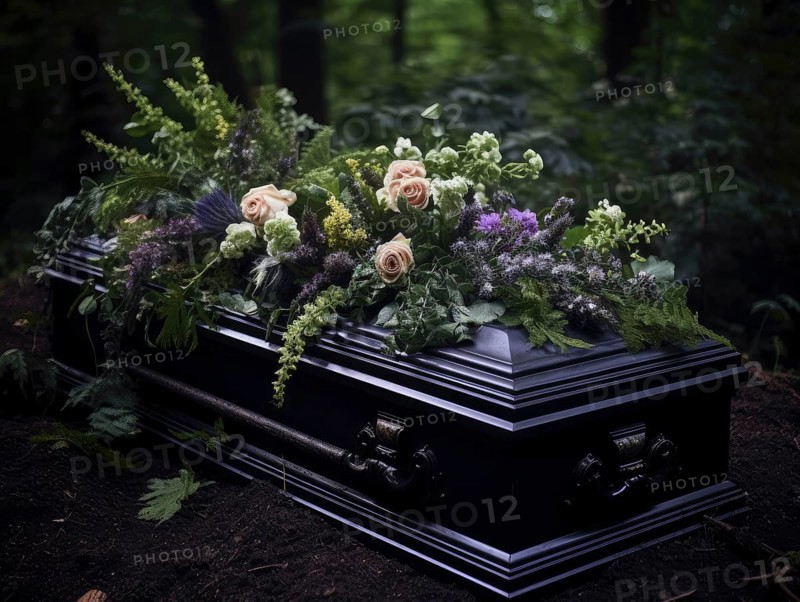 Coffin, atmospherically decorated with flowers, funeral bouquet, KI generated, AI generated