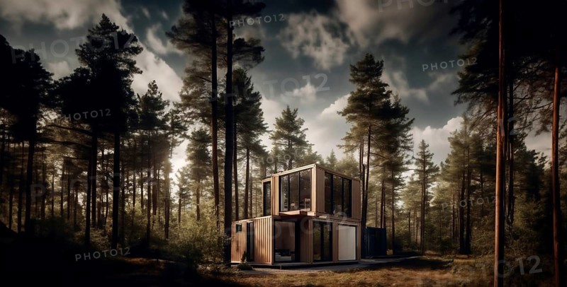 Modular container house with glazing in the forest, secluded compact house, AI generated