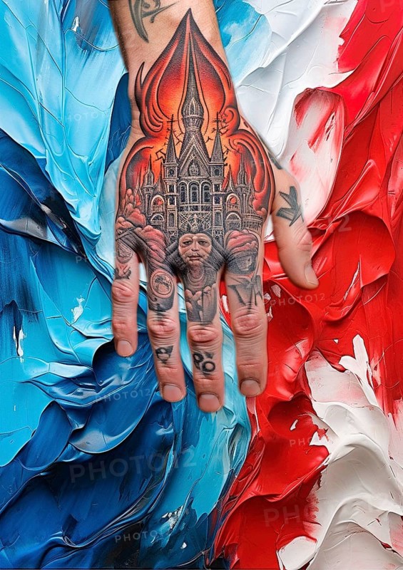 The sign of the thieves, a hand tattooed with Russian church, lies on the national colours with the colours white, blue and red, illustration with KI generated, AI generated