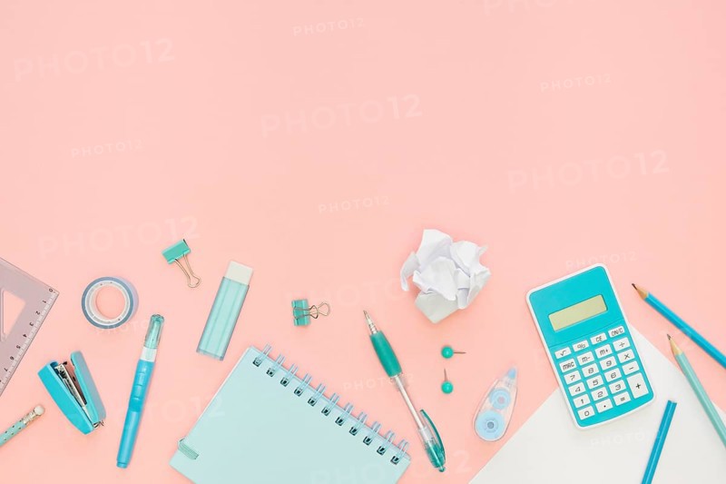 Top view office stationery with notebook calculator