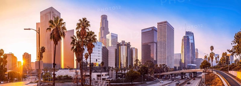panoramic view at the skyline of los angeles during sunrise